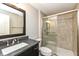 Modern bathroom with a large shower and dark vanity at 520 Bridgemont Ln, Carmel, IN 46032