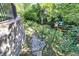 Scenic backyard creek view complete with bird feeders, a bird house, and retaining wall at 3441 S Overlook Pass, New Palestine, IN 46163