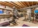 Unfinished basement area offering ample storage and workout equipment, a versatile space for customization at 10866 Flower Mound Pl, Fishers, IN 46037