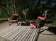 Comfortable outdoor seating area with two red chairs, a patterned rug, and ambient lighting at 454 Tulip Dr, Mooresville, IN 46158