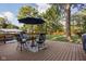 Deck with patio furniture and umbrella, overlooking the backyard at 5904 Allisonville Rd, Indianapolis, IN 46220