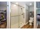 Bathroom with a shower stall and white subway tile at 1601 Spruce St, Indianapolis, IN 46203