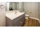 Small bathroom with gray vanity and vinyl flooring at 1601 Spruce St, Indianapolis, IN 46203