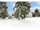 Side view of a townhouse with snowy landscaping and evergreen trees at 5921 Bastille Ln, Indianapolis, IN 46254