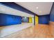 Spacious finished basement with carpeting, wood flooring, and blue and yellow accent walls at 9263 Compton Farm Ln, Indianapolis, IN 46259
