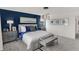 Well-lit main bedroom featuring a blue accent wall, modern lighting, and coordinated decor at 11620 Hartwell St, Indianapolis, IN 46235
