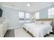 Spacious bedroom with light blue walls, a king-size bed, and large windows at 559 Fulton St, Indianapolis, IN 46202