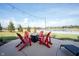 Patio with red chairs and fire pit overlooking pond at 5328 Covington Ave, McCordsville, IN 46055