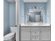 Modern bathroom boasts double vanity, marble counters, and blue walls at 9210 Briarclift Rd, Indianapolis, IN 46256