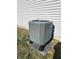 Grey HVAC unit installed on a concrete slab in the grass at 2103 Twelve Oaks Dr, Shelbyville, IN 46176