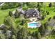 Aerial view of an expansive backyard with a swimming pool, patio, and lush greenery at 14990 E 104Th St, Fishers, IN 46040
