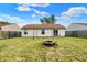 Backyard featuring a fire pit and a patio with sliding doors, and a tree-lined fence at 5327 Milhouse Rd, Indianapolis, IN 46221