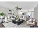 Bright living room features modern decor, comfortable seating, stylish rug, and seamless flow to the adjacent kitchen and dining area at 5327 Milhouse Rd, Indianapolis, IN 46221