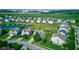 Picturesque aerial view of a residential neighborhood with a pond and green spaces near agricultural area at 3460 Limelight Ln, Whitestown, IN 46075