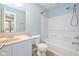 Clean bathroom with tub shower combo and single vanity at 6540 Avalon Blvd, Avon, IN 46123