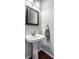 Clean bathroom featuring a pedestal sink, framed mirror, and towel ring on hardwood floors at 12596 Autumn Gate Way, Carmel, IN 46033