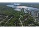 Aerial view of the neighborhood, lake, and surrounding lush greenery at 13650 Golden Ridge Ln, Fishers, IN 46055