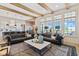 Bright living space with a wall of windows, exposed beams, and stylish leather sofas at 15844 Nocturne Dr, Westfield, IN 46074