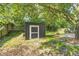 Backyard featuring a shed with a white door in a grassy yard surrounded by a wooden fence at 7129 Dublin Ln, Indianapolis, IN 46239