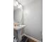 Simple bathroom with pedestal sink and round mirror at 7746 Cole Wood Blvd, Indianapolis, IN 46239