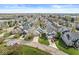 Aerial view showing a community with gray-roofed homes, attached garages, green lawns, and tree-lined streets at 3543 Clearwater Cir, Indianapolis, IN 46240