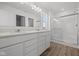 Bathroom with double vanity, large mirror, and walk-in shower with glass door at 5144 Rolling Meadow Blvd, Indianapolis, IN 46237