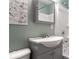 Small bathroom with gray vanity and bird art at 1654 Iowa St, Indianapolis, IN 46203