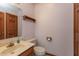 Cozy bathroom featuring a single sink vanity, toilet, and wood door at 306 Vinewood N Dr, Brownsburg, IN 46112