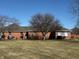 Rear view of the single story brick house with a large mature tree and bright blue sky on an expansive lawn at 306 Vinewood N Dr, Brownsburg, IN 46112