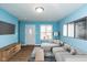Living room with light blue walls, wood floor, and staged furniture at 1130 W 33Rd St, Indianapolis, IN 46208