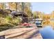 Lakeside dock with seating area and fall foliage at 7018 Drum Dr, Nineveh, IN 46164