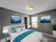 Bright bedroom featuring a white bed and light blue accents and two paintings on the gray walls at 11054 Dura Dr, Indianapolis, IN 46229