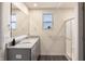 Bathroom with granite countertop, double sinks and shower at 18655 Moray St, Westfield, IN 46069