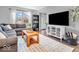 Well-lit living room with a large television, comfortable seating, and a decorative rug at 11237 Baycreek Dr, Indianapolis, IN 46236