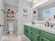 Inviting main bathroom with double sinks, decorative wall shelves, and a shower with glass door at 11237 Baycreek Dr, Indianapolis, IN 46236