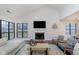 Bright living room with vaulted ceilings, a cozy fireplace, and large windows providing ample natural light at 8198 Wade Hill Ct, Indianapolis, IN 46256