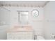 Bathroom with pink vanity, walk-in shower, and stained glass window at 1217 Charleston Commons Dr # 25, Anderson, IN 46012