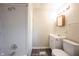 Clean bathroom with white vanity and shower/tub combo at 836 S Tremont St, Indianapolis, IN 46221