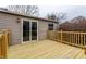 Newly constructed back porch with a sliding glass door and wood railing at 9229 Thrushwood Ln, Indianapolis, IN 46250