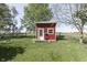 Charming red outbuilding with a white door, window, and deck nestled in a grassy yard at 5750 W 300 N Rd, Bargersville, IN 46106