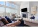 Spacious living room boasts a stone fireplace and comfy seating at 4416 Voyageur Way, Carmel, IN 46074