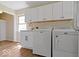 Functional laundry room with modern white cabinetry, wooden floors, and a washer and dryer at 5420 Mcfarland Rd, Indianapolis, IN 46227