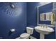 Stylish powder room with blue walls, a pedestal sink, decorative mirror, and modern fixtures at 14565 Geist Ridge Dr, Fishers, IN 46040