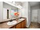 Bathroom featuring double sink vanity, large mirror, and decorative accents at 8535 Blue Marlin Dr, Indianapolis, IN 46239