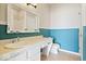 Updated bathroom with white vanity and teal walls at 1088 Laurelwood Ln, Greenwood, IN 46142