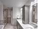Luxurious bathroom featuring a double vanity, tiled shower, and modern fixtures at 1753 Skyline Dr, Greenwood, IN 46143