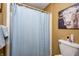 Bathroom showcasing a toilet, blue shower curtain, and adjacent wall art at 3101 E State Road 47, Lebanon, IN 46052