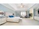 Spacious main bedroom with tray ceiling, fireplace, sitting area, and neutral carpet at 5030 Nightshade Ln, Noblesville, IN 46062