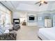 Main bedroom featuring a tray ceiling, fireplace, and built-in cabinets for storage at 5030 Nightshade Ln, Noblesville, IN 46062
