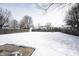 Large, snow-covered backyard with a wood fence and leafless trees at 12643 Feldspar Rd, Indianapolis, IN 46236